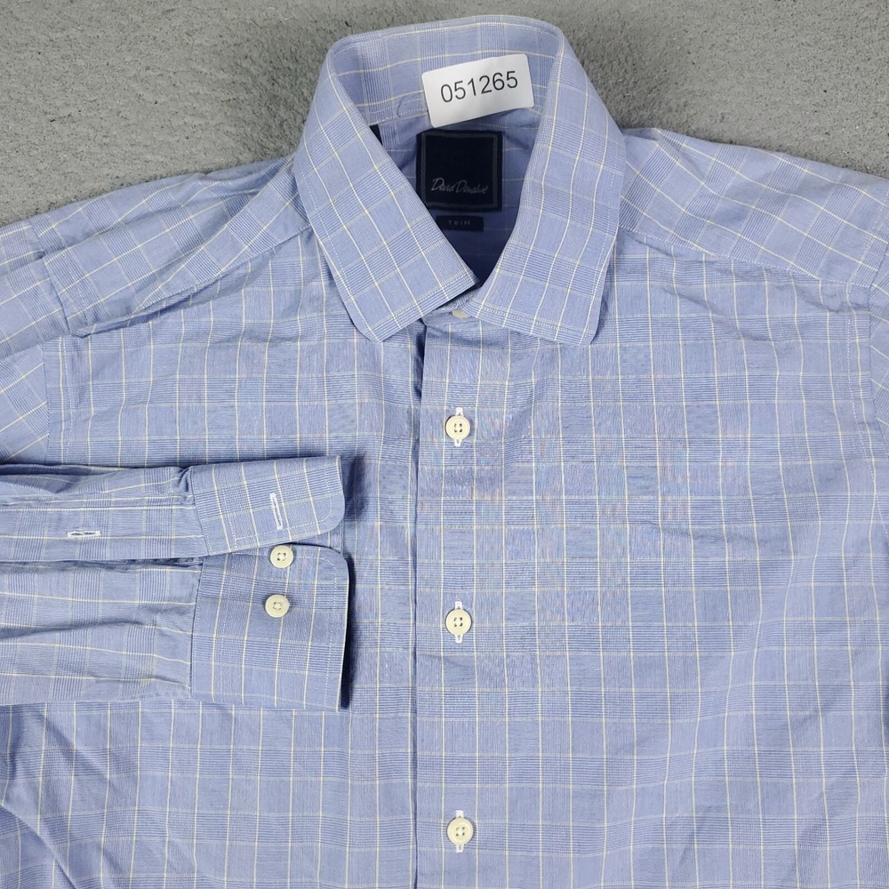 David Donahue Shirt Mens Size 15 Blue Plaid Dress Button Up Long Sleeve